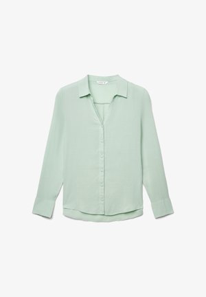 Blusa verde chiaro in tessuto leggero, con scollo con colletto, chiusura frontale con bottoni e maniche lunghe leggermente curve all'orlo.