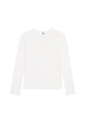 Einfaches weißes Langarmshirt mit Rundhalsausschnitt, flach auf weißem Hintergrund dargestellt.