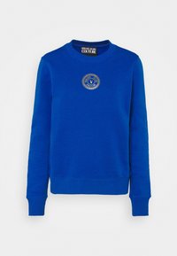 Blauwe sweatshirt van katoen, met een ronde hals, lange mouwen en een geborduurd logo in goud op de borst. Geribbelde boorden en zoom.
