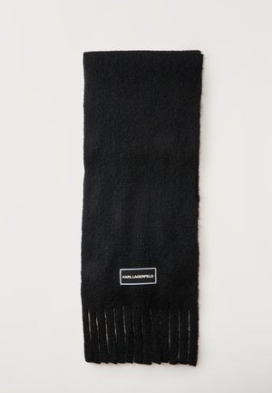 Black knit scarf with fringed ends and a rectangular label reading Karl Lagerfeld near one fringe edge.