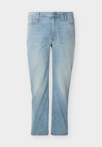 Φαρδιά τζιν τζιν σε ανοιχτό μπλε χρώμα, με τσέπες μπροστά και πίσω, θηλιές για ζώνη, και κούμπωμα με κουμπί και φερμουάρ.