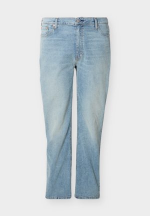 Világoskék, egyenes szárú farmernadrág elülső és hátsó zsebekkel, övbujtatókkal, valamint gombos és cipzáras záródással.