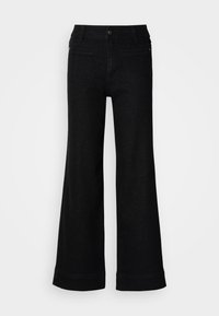 Pantalones de pierna ancha negros con un sutil brillo, que presentan un cierre frontal con botón y dos bolsillos de ojal en la parte delantera sobre un fondo blanco.