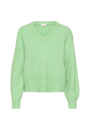 Hellgrüner, grob gestrickter Pullover mit V-Ausschnitt und Ballonärmeln. Hat gerippte Bündchen und Saum und besteht aus weichem, flauschigem Material.
