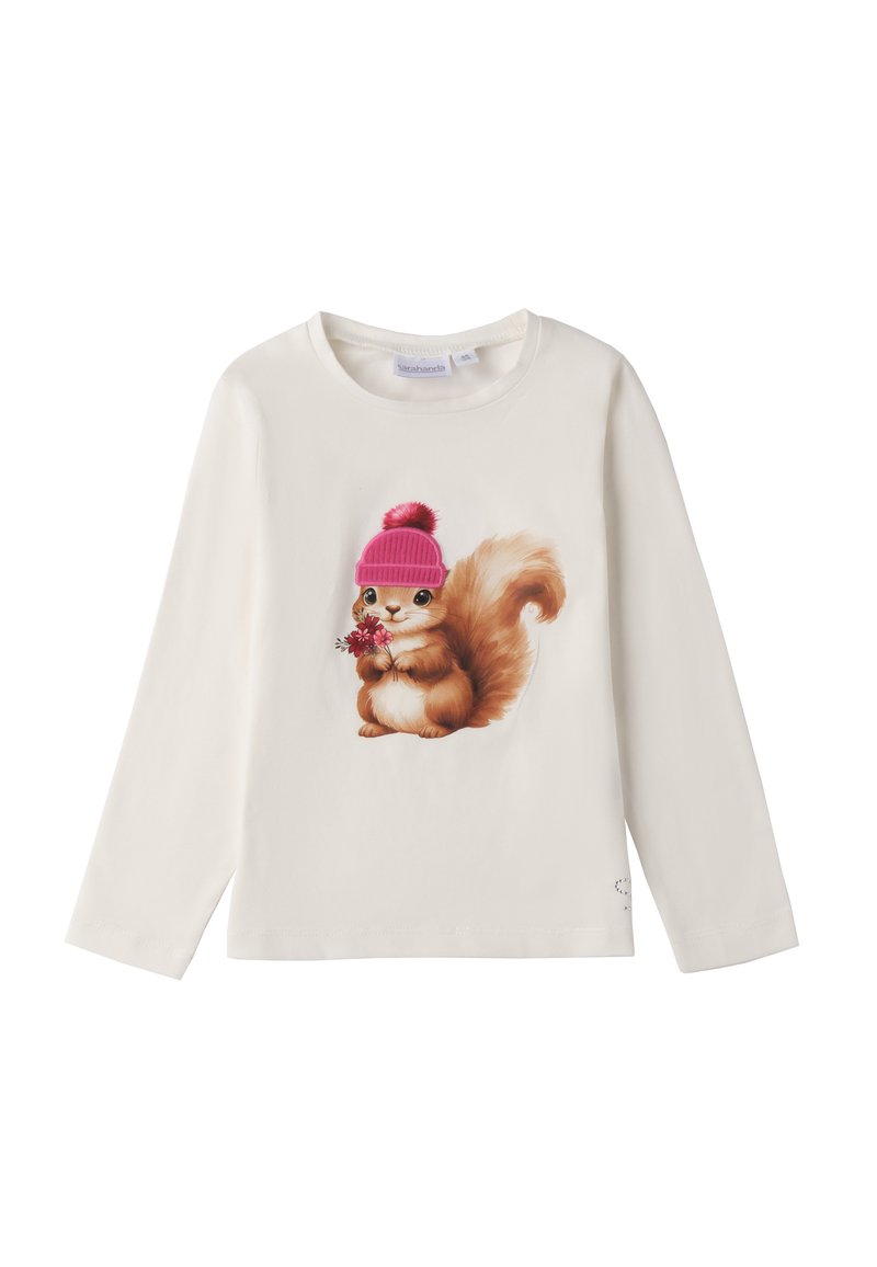 Langärmliges cremefarbenes T-Shirt mit einer detaillierten Illustration eines Eichhörnchens, das eine rosa gestrickte Mütze trägt und eine Blume hält. Weiches Baumwollmaterial.