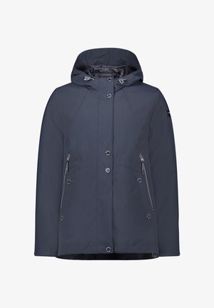 Marineblauw waterdicht jack met capuchon, knopen aan de voorkant en twee zijritsen. Gladde textuur met een ontspannen pasvorm.