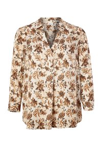 Blouse beige à manches longues avec imprimé floral marron, col en V et fermeture à boutons sur le devant.
