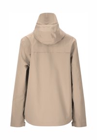Beige regnjacka med huva, med en slät yta, rak passform och minimalistisk design. Ingen synlig hårdvara eller mönster.