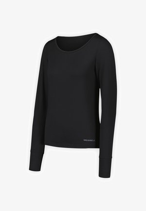 Maglietta nera a maniche lunghe realizzata in tessuto morbido, con scollatura rotonda e polsini aderenti. Logo "Merrell" in blu vicino all'orlo.