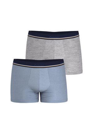 Deux paires de boxers : une bleu clair, une grise. Les deux disposent d'une ceinture en coton marine avec un accent doré. Matériau en coton doux, design ajusté.