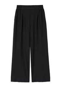 Zwarte wijde broek met een smocktailleband, gemaakt van lichtgewicht stof, met diepe plooien en een zachte textuur.