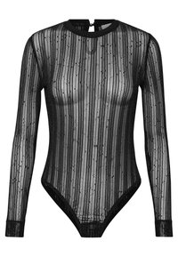 Bodysuit noir à manches longues avec un design transparent et rayé, un col rond et une fermeture à glissière au dos. Tissu doux et texturé.