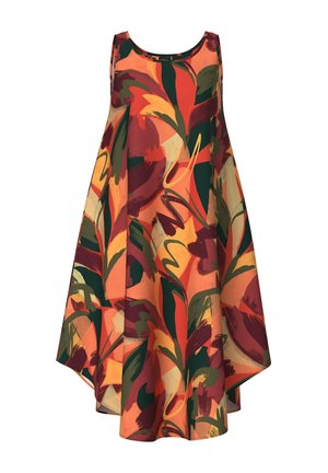 Vestido sin mangas y fluido con patrón floral abstracto en tonos naranja, rojo, verde y amarillo, con escote redondo y dobladillo asimétrico.