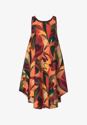Mouwloze, vloeiende jurk met een abstract bloemmotief in oranje, rood, groen en gele tinten, met een ronde halslijn en een asymmetrische zoom.