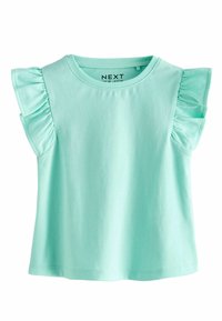 T-shirt à manches courtes pour tout-petit couleur turquoise clair avec manches à volants et encolure ronde, devant uni, tissu en coton doux.