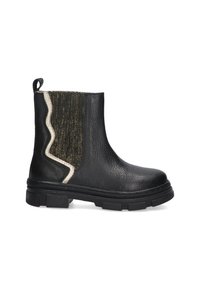 Zwarte leren enkelboot met een gestructureerde zwarte en gouden elastische inzet, zigzagpatroon accenten en een chunky rubberen zool.