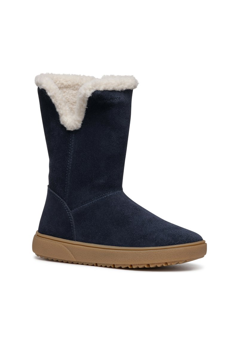 Marineblau wasserfeste Wildleder-Stiefelette mit einem cremefarbenen künstlichen Fellkragen und strukturiertem Gummisohle, ausgestattet mit einer runden Zehenform und einem eleganten Design.