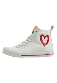 High-top sneakers made of white canvas with a red embroidered heart, patterned textile accents on the collar, and red-striped sole.