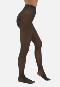 Pantys opacos negros con una textura suave, cinturilla alta y un diseño sin costuras, que se extienden hasta los pies y la zona de las piernas.