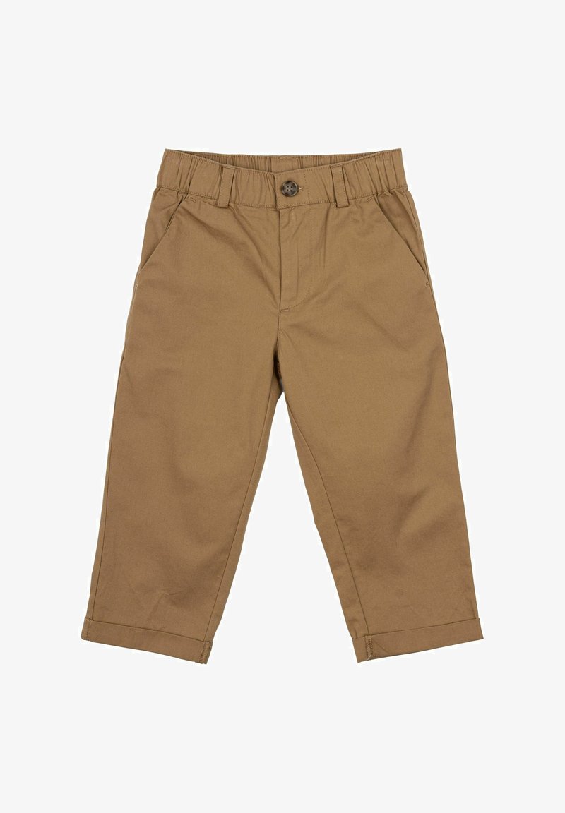 Khaki püksid nupuga kinnituse, elastse vöökoha, kahe esi-tasku ja rullitud sääreotstega. Sile kangas ühtlase värviga ja ilma mustriteta.