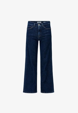 Jeans de mezclilla de color azul oscuro y de pierna ancha. Presentan una cintura alta, bolsillos frontales, un cierre de botón y detalles de costura sutiles.