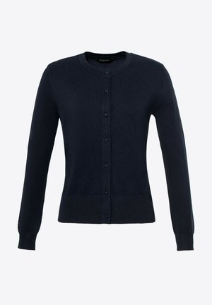 Navy blue cardigan made from soft fabric, featuring long sleeves, a round neckline, and six button front closure. Fitted design with ribbed hem.