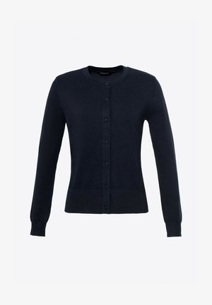 Navy blue cardigan made from soft fabric, featuring long sleeves, a round neckline, and six button front closure. Fitted design with ribbed hem.