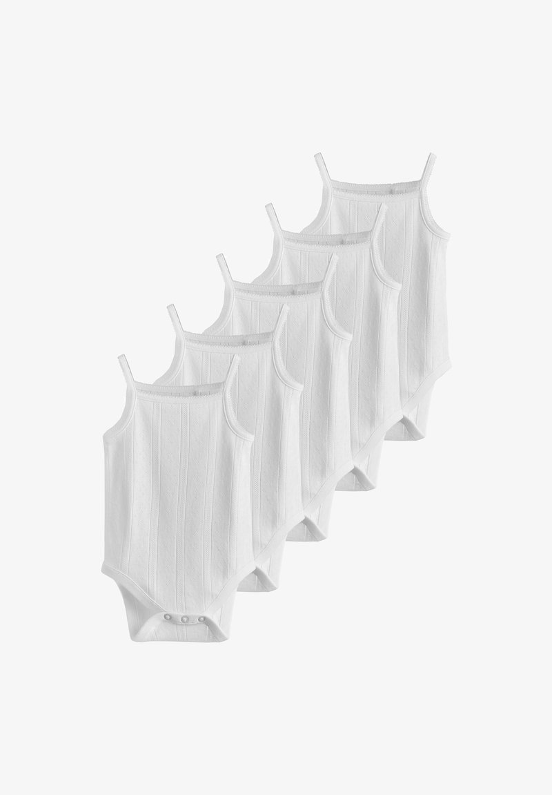 Pięć białych, bezrękawnikowych body niemowlęcych z ramiączkami na ramionach i zatrzaskami na dole, ułożonych na sobie na białym tle.