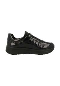 Schwarze Lackleder-Sneaker mit runder Zehenpartie, Schnürung, gepolsterter Sohle und strukturiertem Gummiaußensohle. Glatte Oberfläche mit dezenten Designlinien.