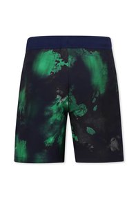 Pantaloni da nuoto blu navy con un motivo astratto verde e nero, foderati in rete, con cintura elastica e dettagli discreti del logo "HUGO".