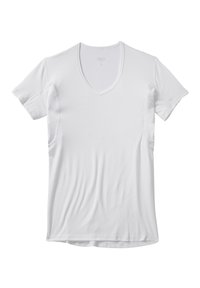 White short-sleeve V-neck t-shirt made of smooth fabric with a slightly fitted shape and side mesh panels for breathability.