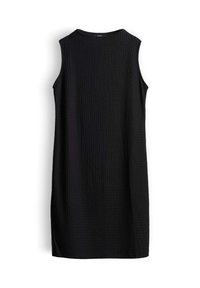 Robe noire texturée sans manches longueur genou avec un col rond, présentée sur un fond blanc.