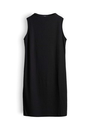 Sleeveless black textured knee-length dress with a round neckline, displayed against a white background.