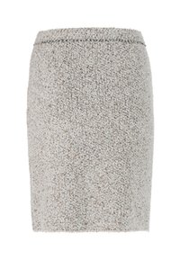 Short, fitted skirt made of textured fabric in light gray with flecks of brown. Features a simple waistband and no visible fastenings.