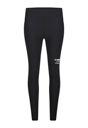 Schwarze, blickdichte Kompressions-Leggings in voller Länge mit weißem Logo und Text am oberen linken Oberschenkel, mit maßgeschneiderten Nähten und hohem Bund.