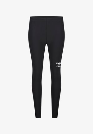 Schwarze, blickdichte Kompressions-Leggings in voller Länge mit weißem Logo und Text am oberen linken Oberschenkel, mit maßgeschneiderten Nähten und hohem Bund.