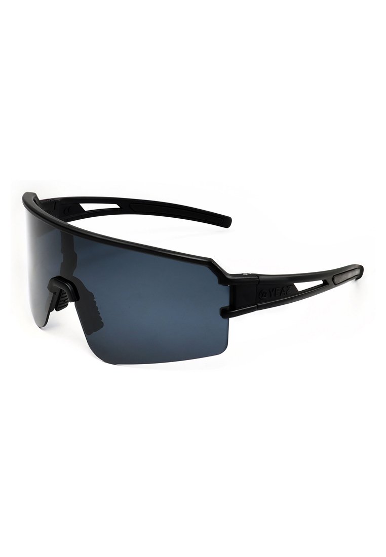 Gafas de sol sin montura negras con lentes azul oscuro, diseño aerodinámico, marco de plástico ligero y patillas flexibles para mayor comodidad.