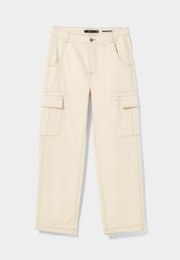 Beige cargo kalhoty vyrobené z bavlněné směsi. Mají dvě velké boční kapsy, přední kapsy, knoflíkový zip a kontrastní žluté prošívání.