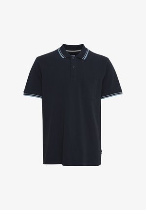 Navy polo shirt made of cotton, featuring a three-button placket, single chest pocket, and contrasting striped collar and sleeve trims.