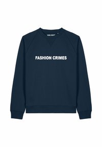 Sweatshirt bleu marine avec le texte blanc "CRIMES DE MODE." Présente un col rond et des manches raglan longues. Fabriqué à partir d'un tissu doux.