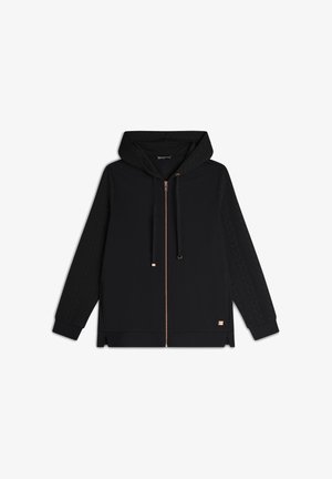 Felpa nera con cappuccio e texture trapuntata sulle maniche, dotata di zip color rosé e lacci, con un design dal taglio rilassato.