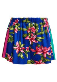 Plooirok mini in blauw met een bloemenpatroon, met roze en groene bloemen. Elastische tailleband en meerkleurige zijpanelen.