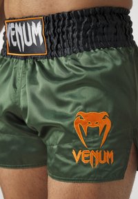 Calções de cetim verdes com um cós elástico preto. Apresenta um logótipo bordado laranja e um design de aranha. Textura suave, comprimento até à metade da coxa.