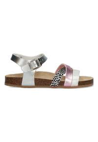 Sandali con cinturini caratterizzati da motivi argento, rosa e a macchie bianche e nere, con suola in sughero e chiusura con fibbia metallica.