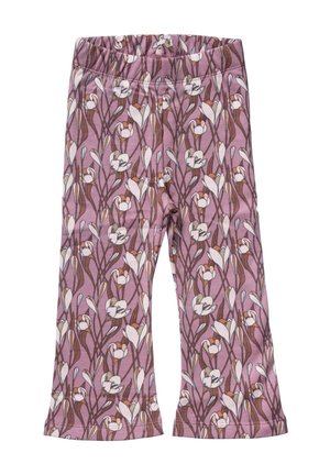 Kinderen flare broeken met een paarse achtergrond, versierd met een wit en bruin bloemenpatroon en een elastische tailleband.