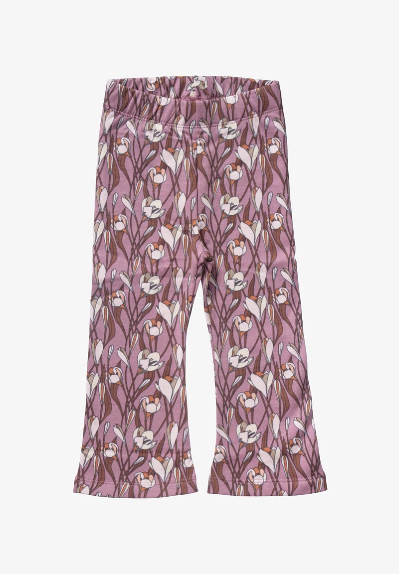 Children's flared pants with a purple background, decorated with a white and brown floral pattern and an elastic waistband.