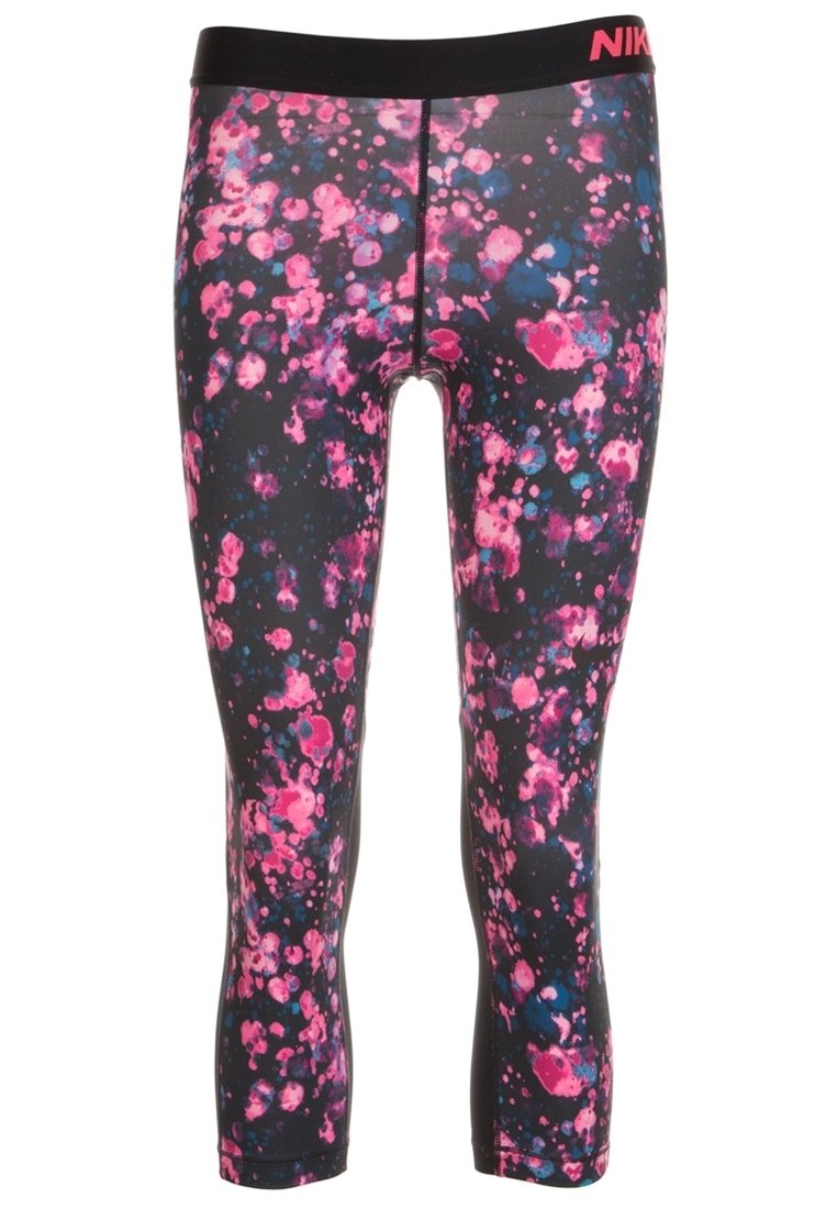 Leggings neri con un motivo a schizzi multicolore in rosa e blu, caratterizzati da una vita elastica nera con branding rosso.