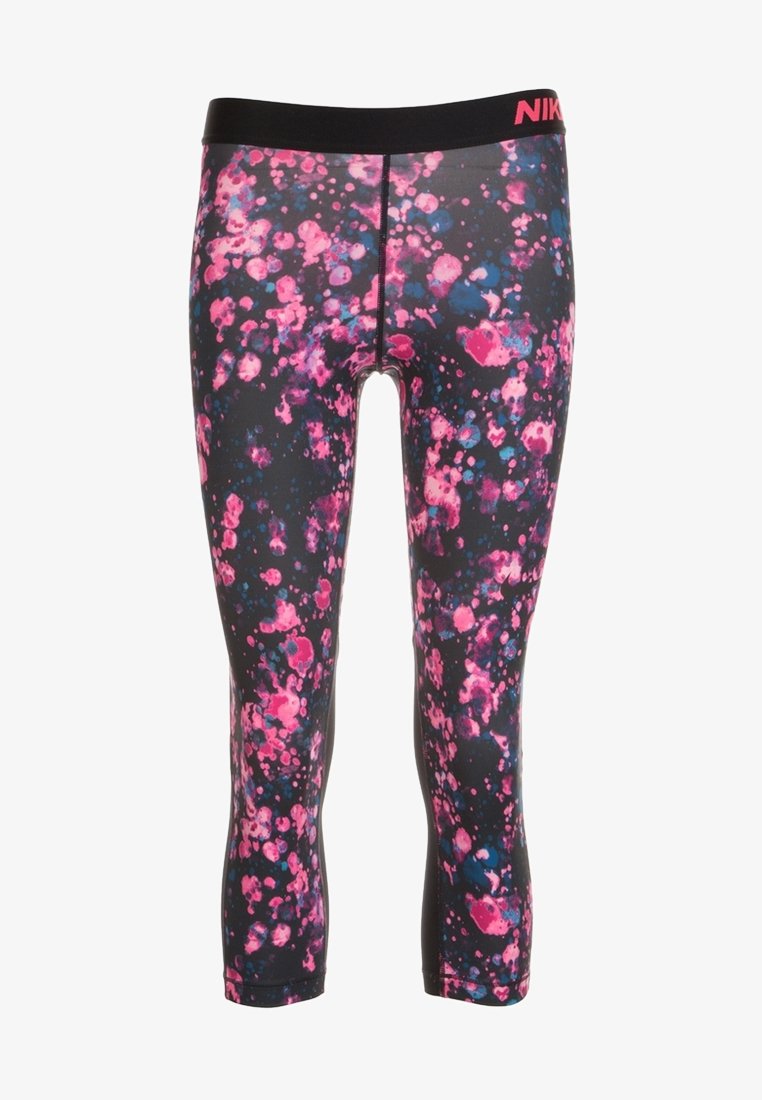 Leggings neri con un motivo a schizzi multicolore in rosa e blu, caratterizzati da una vita elastica nera con branding rosso.