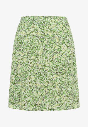 Blumenvorhang mit grünem und gelbem Muster, elastischem Bund und knielangem Design. Aus leichtem, strukturiertem Stoff gefertigt.