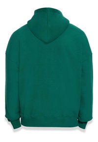 Grøn hættebluse med en afslappet pasform. Har en stor hætte og ribbede manchetter. Teksturen virker blød og er lavet af et mellemvægtstof.